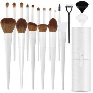 20PCs Makeup Brush Set Travel Brushes Kit With Holder & 2 Powder Puff-White